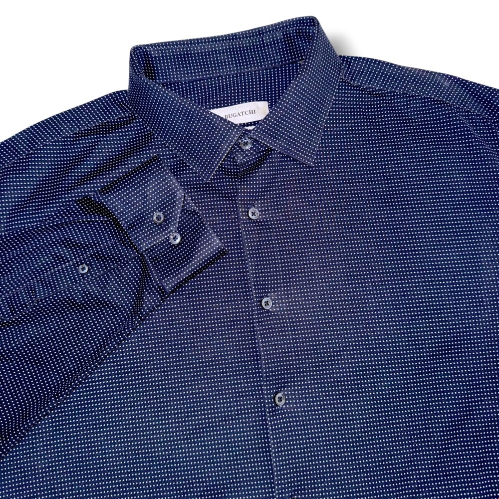 Bugatchi Button Down LS Shirt Mens 3XL Navy Blue 8-Way Stretch Micro Dot